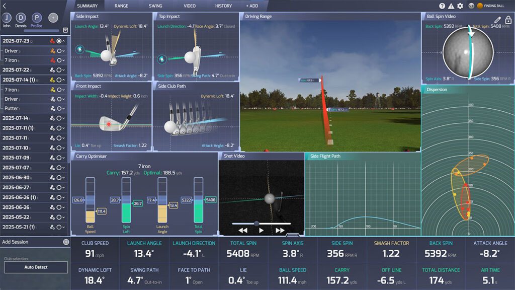 ProTee Labs screen showing club path, impact, spin and dispersion data